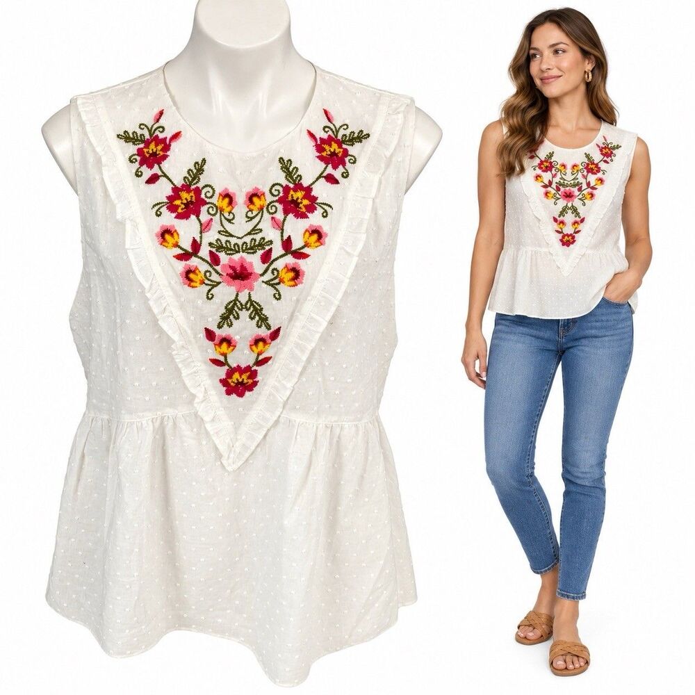 Time and Tru Top Womens L 12-14 White Floral Embroidered Swiss Dot Babydoll